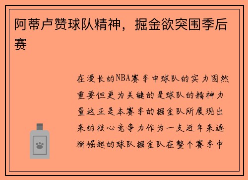 阿蒂卢赞球队精神，掘金欲突围季后赛