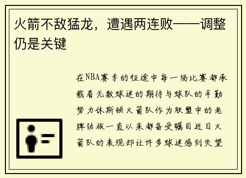 火箭不敌猛龙，遭遇两连败——调整仍是关键