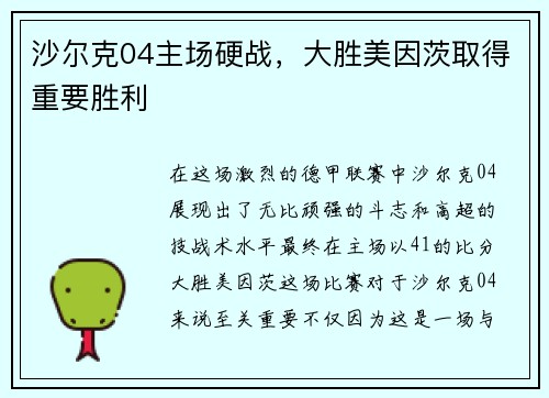 沙尔克04主场硬战，大胜美因茨取得重要胜利